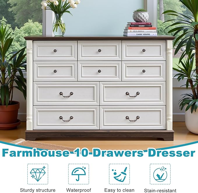 53.54" Farmhouse Sideboard Buffet Cabinet with Storage, Kitchen Buffet Storage Cabinet with 10 Drawers, Modern Wood Accent Sideboard for Living Room, Kitchen, Hallway(Antique White)