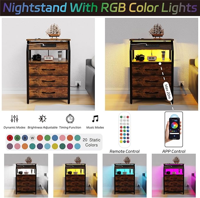 End Tables Set of 2, Nightstands with Charging Station and LED Lights, 3 Drawers Fabric Dresser, Storage Side Tables for Bedside, Living Room, Rustic Brown
