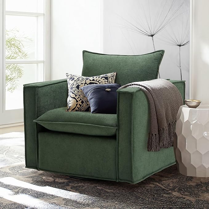 COLAMY Swivel Accent Chair, 34 Inches Wide Upholstered Arm Chair with Plump Back Pillow, Modern Sofa Living Room Chair for Bedroom, Corner, Reading Nook-Green