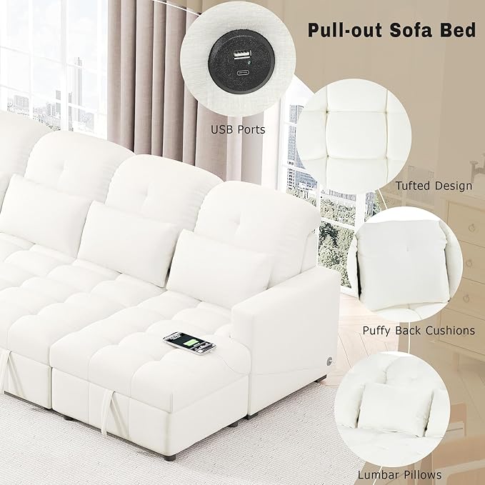 Ball & Cast 110.2" Oversized Versatile Sectional Sleep Sofa with Two USB Ports,U-Shape 4 Seat Pull-Out Couch w/Double Storage Chaise Lounges,for Living Room,Apartment,Office,Beige