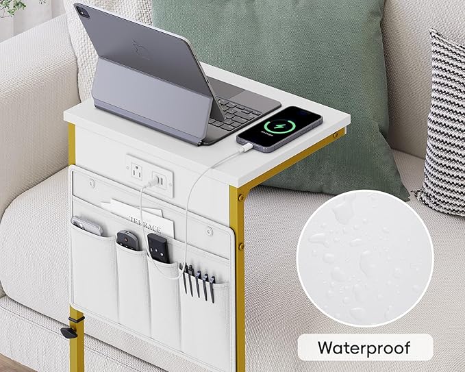 Vagusicc C Shaped End Table with Charging Station, Adjustable Height Side Table for Couch, Sofa Tables Laptop Couch Side Desk, Slide Under Sofa TV Tray Arm C Table for Living Room Bedroom, Golden