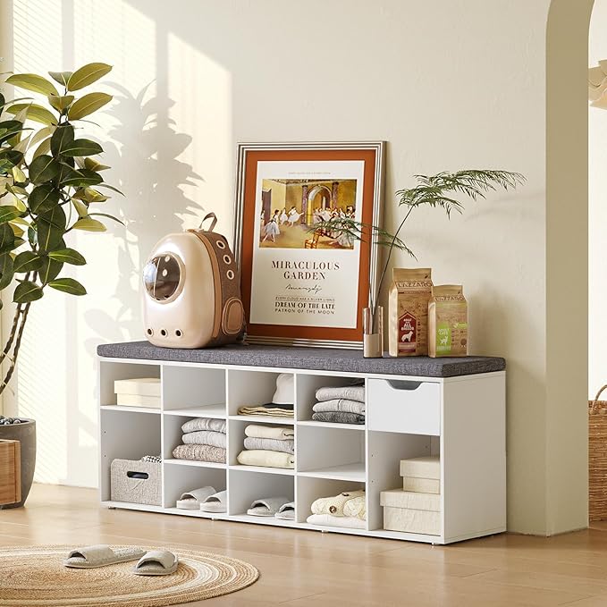 DINZI LVJ Shoe Bench, Entryway Storage Bench with Drawer and 14 Cubbies, Long Cubby Shoe Rack with Adjustable Shelves, Organizer for Living Room, Bedroom, Mudroom, Garage, White