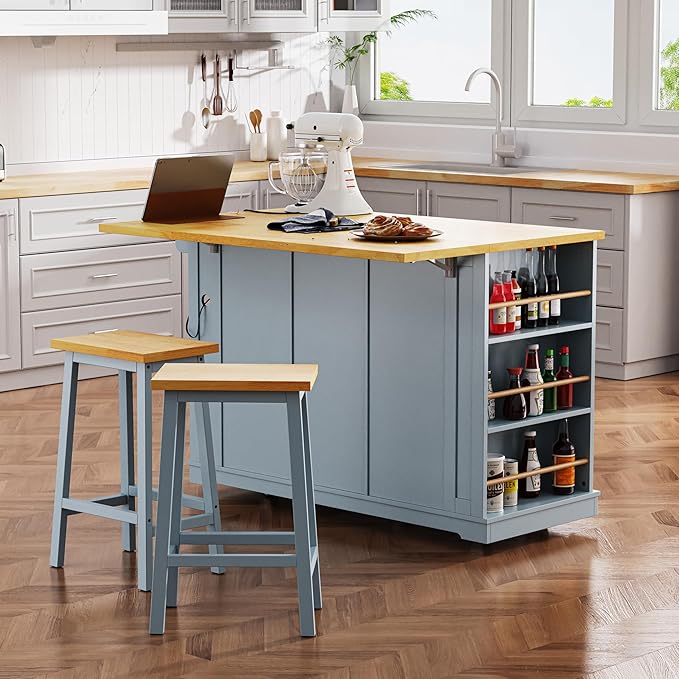 YOTPO 53" Large Kitchen Island with Drop Leaf,Power Outlet & Door Internal Storage Rack,Rolling Kitchen Cart on 5 Wheels W/ 5 Open Side Racks for Kitchen,Dining Room,Grey Blue(Not Include bar stools)