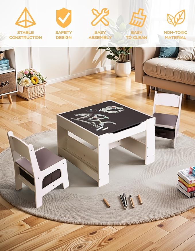 Joyooss Kids Table and Chair Set,4 in 1 Wooden Kids Table and Chairs Ages 3-7,Toddler Table with Storage Kid Desk and Chair Set for Toddlers 2 in 1 Tabletop