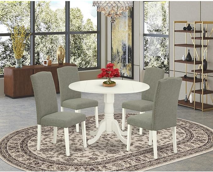 East West Furniture DLEN5-LWH-06 5 Piece Kitchen Table & Chairs Set Includes a Round Dining Table with Dropleaf and 4 Dark Shitake Linen Fabric Upholstered Chairs, 42x42 Inch, Linen White