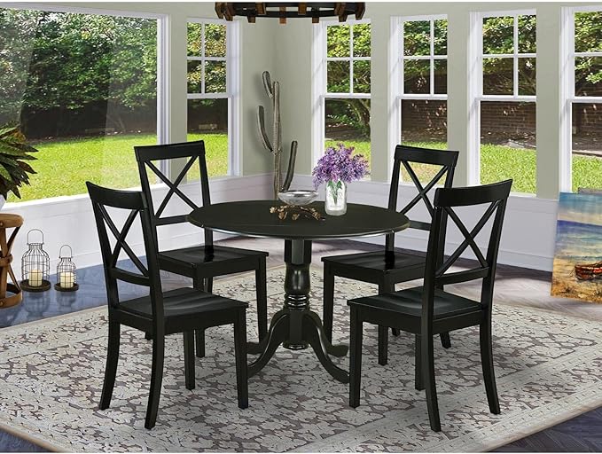 East West Furniture DLBO5-BLK-W 5 Piece Dinette Set for 4 Includes a Round Dining Room Table with Dropleaf and 4 Kitchen Dining Chairs, 42x42 Inch, Black