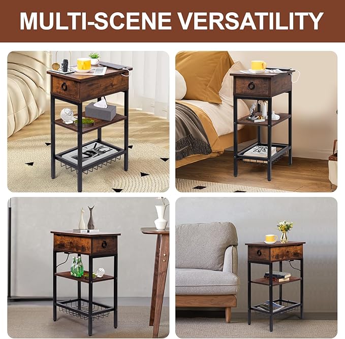Skinny End Tables with USB Ports and Outlets for Living Room, Slim Nightstand with Charging Station for Bedroom,Chair Side Table with Storage for Small Spaces,Rustic Side Table Recliner
