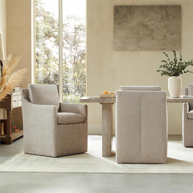 Upholstered Dining Chairs with Casters No Assembly Modern Accent Armchair with Rollers for Diningroom Bedroom Livingroom Reading Room,Sand,2 Boxs