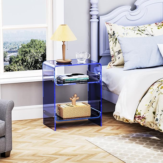 Acrylic Record Player Table with Storage Shelf, Clear Side Table Nightstand (Dark Blue)