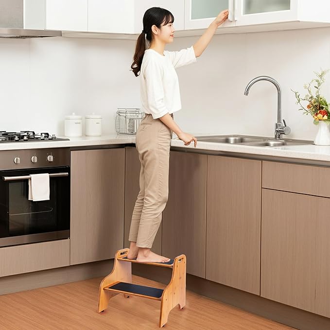 2-Step Wooden Step Stool for Adults & Kids – Non-Slip Bed, Bathroom, Kitchen, and Closet Use – Heavy-Duty Portable Step with Handles – 400 lb Capacity