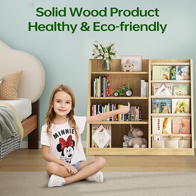 Kids Bookshelf and Toy Storage Organizer, 4 Tier Wooden Kids Book Shelf with Sling Book Rack in Kids Room Playroom Nursery for Kids, Children, Toddlers