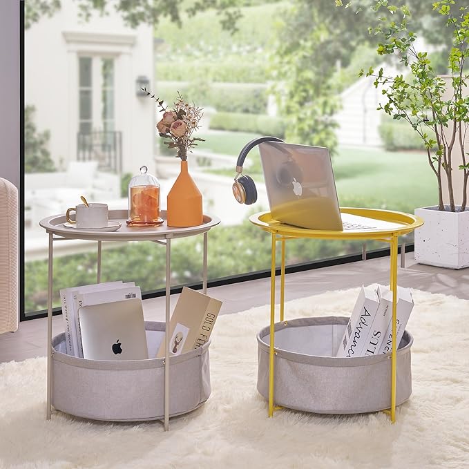 VECELO Round Side/End Table with Fabric Storage Basket,Metal Anti-Rust and Waterproof Small Bedside Nightstand with Removable Tray Top for Living Room,Balcony & Laundry,Grey /1pcs with Basket