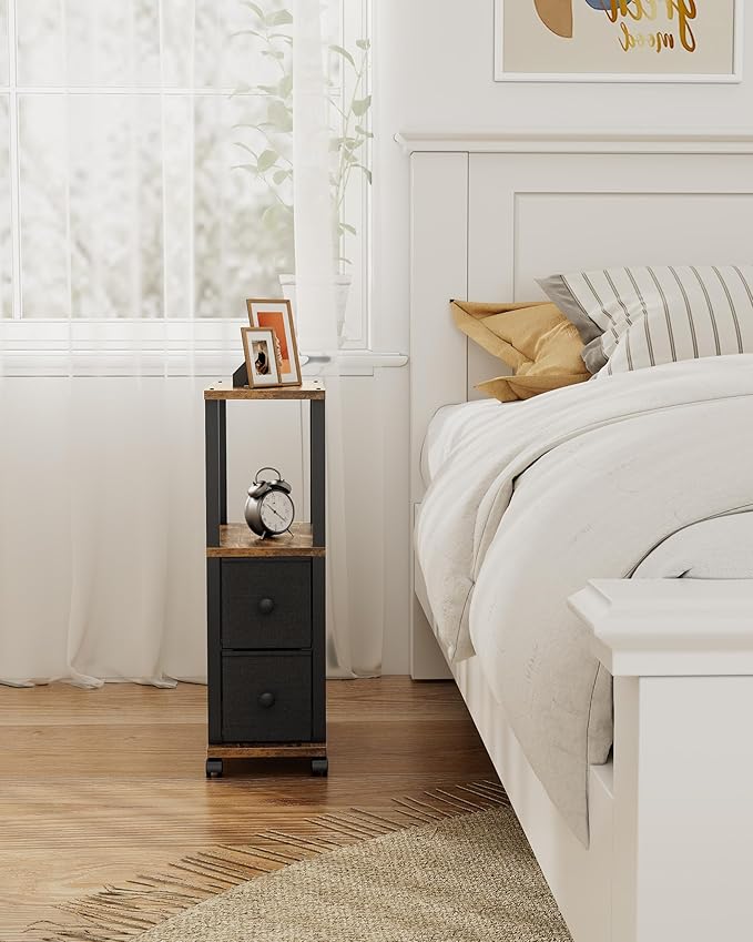 TUTOTAK Small Narrow End Tables, Side Tables with 2 Fabric Drawers, Set of 2, Bedside Tables with Charging Station for Small Spaces, Slim Nightstands with USB Ports and Wheels, TB01BB053