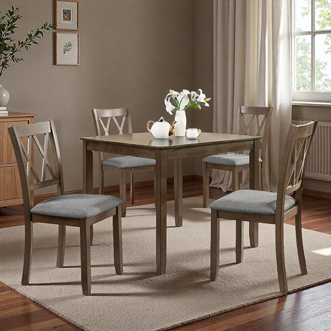 Dining Table Set, Wooden Kitchen Table Set with Square Table, 4 Vertical X Backrest Upholstered Chairs, Table and Chairs with Non-Slip Feetmats for 4 People, Living Room and Kitchen, Walnut