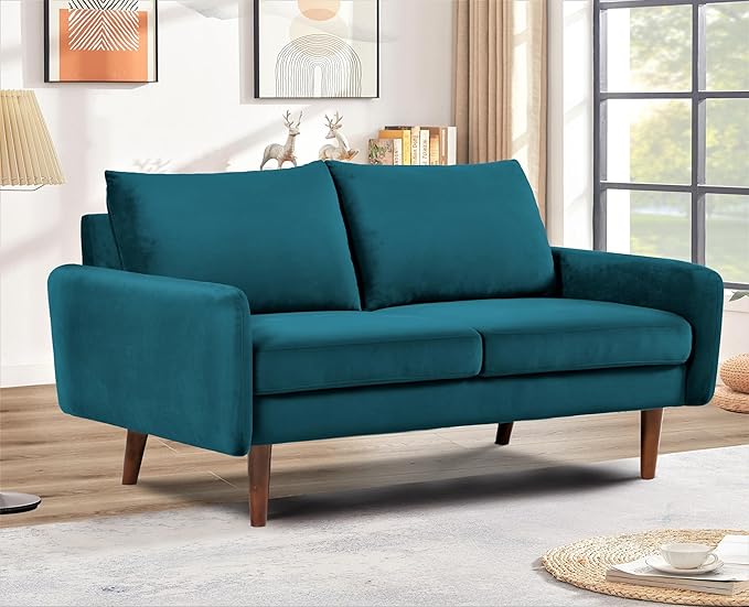 Container Furniture Direct Kent Velvet Loveseat Sofa for Modern Living Rooms and Compact Spaces, Comfy 2 Seater Couch Studio Apartment Furniture with Sleek Design, Greenish Blue