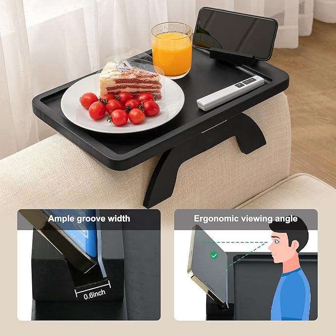 SINWANT Couch Arm Table, Bamboo Clip On Side Table Tray,Foldable Sofa Arm Tray with 360° Phone Holder for Eating Drinking Snacks Remote on Chair Armrest