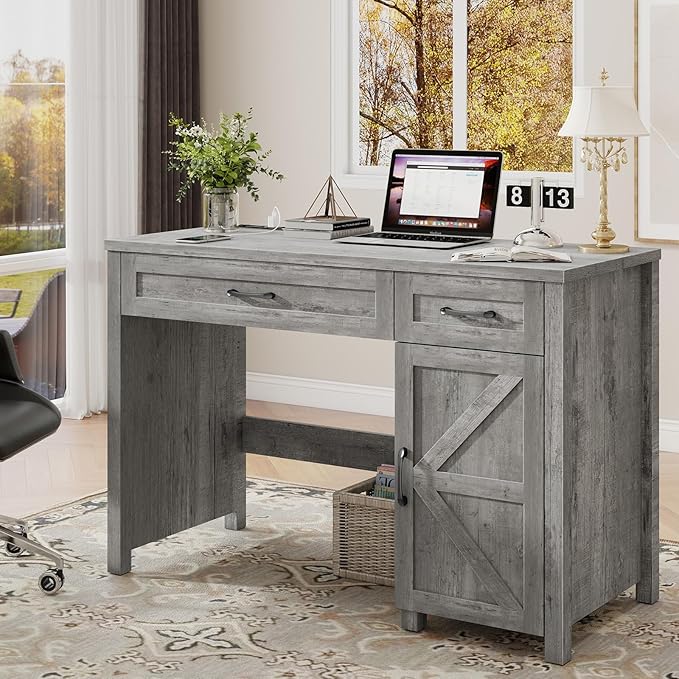 Farmhouse 47" Executive Desk, Computer Desk with Drawers and Storage Cabinet, Workstation Computer Desk for Home Office and Study.(Grey)
