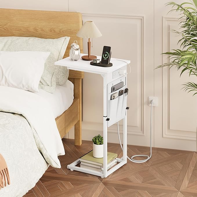 Vagusicc C Shaped End Table with Charging Station, Adjustable Height Side Table for Couch, Small Sofa Table for Small Spaces, Slide Under Sofa Table TV Tray Arm Tables for Living Room, Bedroom, White