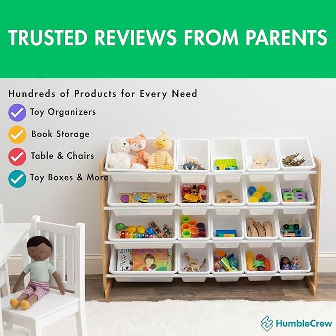 Humble Crew Extra-Large Toy Organizer with 20 Plastic Bins – Natural/White Storage Rack with 4-Tier Shelves, Anti-Tip Safety, for Kids’ Rooms, Playrooms, Nurseries & Classrooms