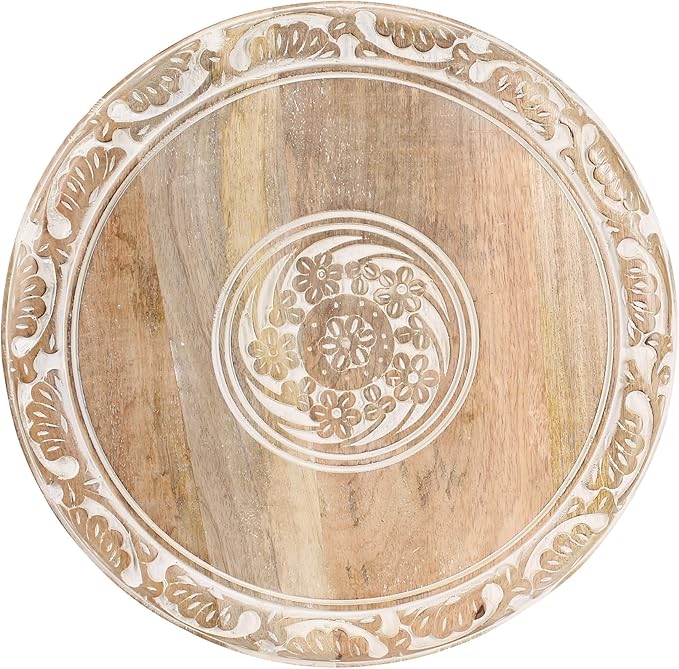 The Wooden Town Carved Wood Round End Table – 18" Accent Side Table for Living Room, White Washed Small Coffee Table, Handcrafted Altar Table, Solid Wood Design
