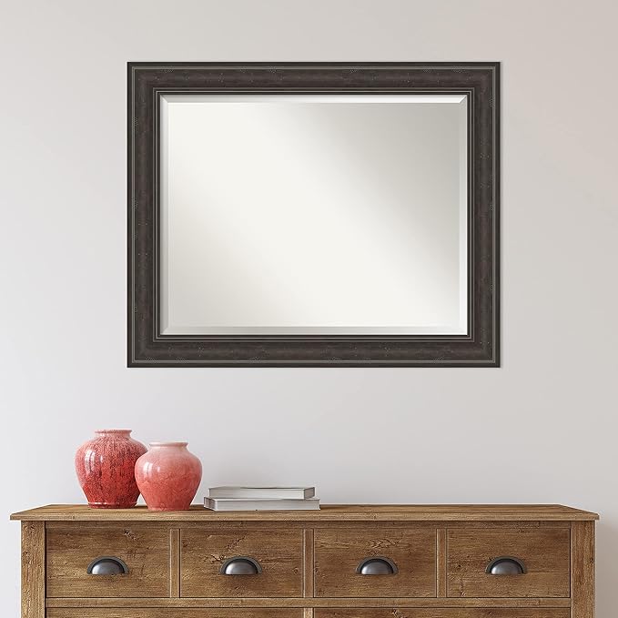 Amanti Art Brown Bathroom Mirror for Over Sink, 28x34 Shipwreck Greywash Rectangle Vanity Mirror, Large Traditional Frame, Hangs Horizonally and Vertically, Bathroom Wall Decor, Beveled Edge
