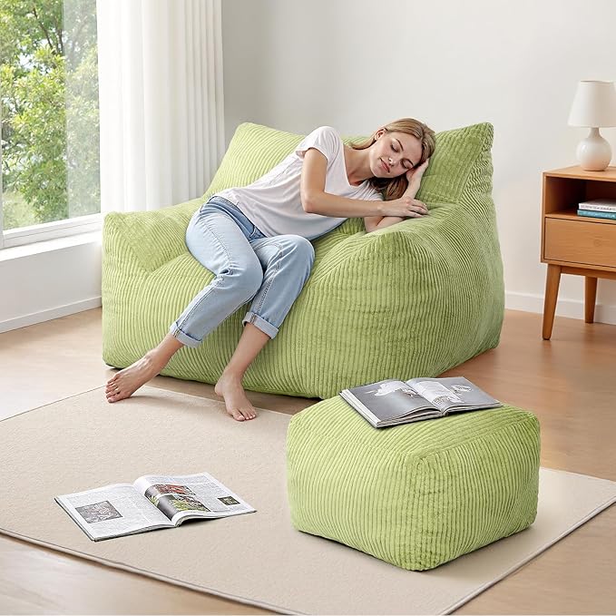 INMOZATA Bean Bag Chair for Adults, 3FT Beanbag Chair with Ottoman Pre-Filled Fluffy Lazy Chair Corded Fabric Accent Chair for Bedroom Living Room Dorm (Green)