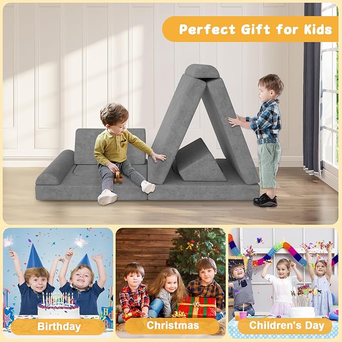 Modular Kids Play Couch 10PCS – Convertible Kids Sofa & Toddler Play Couch with DIY Foam Pieces for Imaginative Play, Climbing & Relaxation for Playroom, Bedroom, Nursery & Living Room