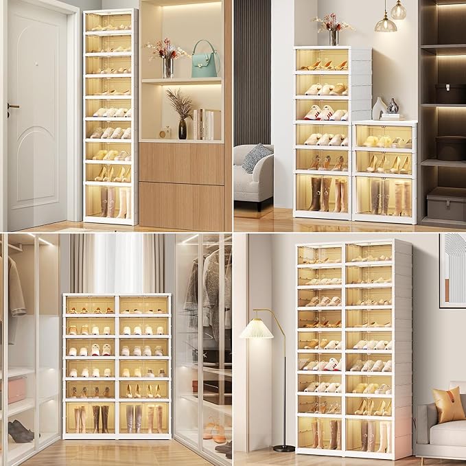 9 Tier Foldable Shoe Rack Organizer for Closet 18-36Pairs Plastic Collapsible Shoe Racks Shelf Stackable Clear Folding Shoes Storage boxes for Small Spaces Narrow Shoe Storage Cabinet