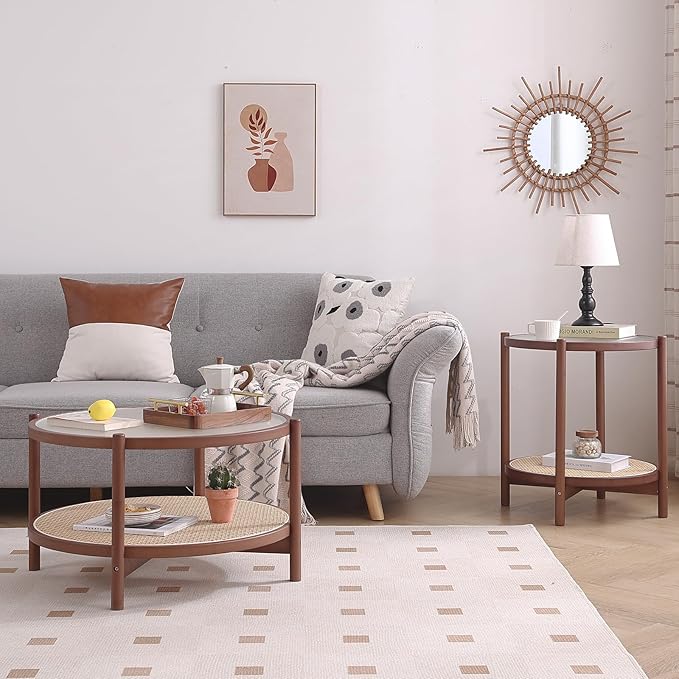 Tiita Rattan Coffee Table, Round End Table, 2-Tier Modern Side Table, Small Bamboo Living Room Side Table, Glass Sofa End Table for Balcony and Office Outdoor/Indoor (Walnut)