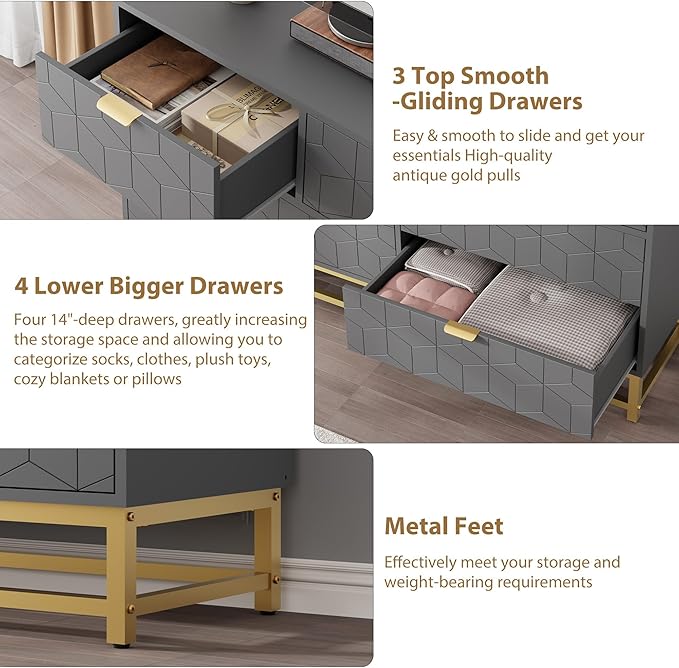 Dresser for Bedroom, 53.5" Wide Dresser Organizer, 7 Drawer with Golden Metal Handle and Legs, Modern Chest of Drawers for Closet, Hallway, Living Room, Entryway, Grey