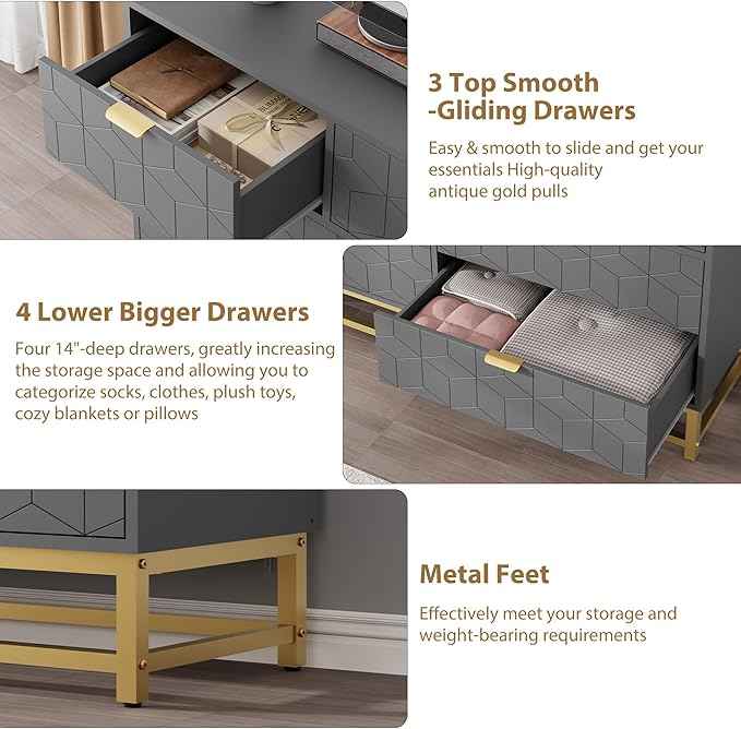 Dresser for Bedroom, 53.5" Wide Dresser Organizer, 7 Drawer with Golden Metal Handle and Legs, Modern Chest of Drawers for Closet, Hallway, Living Room, Entryway, Grey