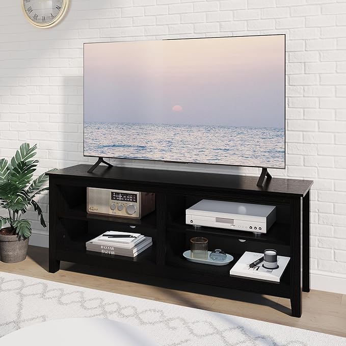 TV Stand for 65 inch TV with Storage,Modern TV Entertainment Center for Bedroom,TV Media Console Table with 4 Open Storage Shelve,55 inch Wood TV Cabinet Black