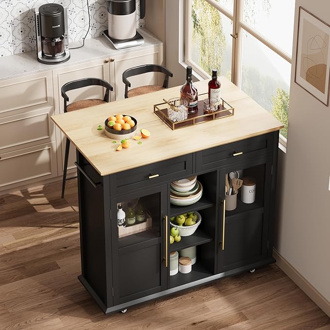 Mobile Modern Storage Island,Rolling Kitchen Island with Drop Leaf - Door Cabinet, Drawer, Bar Cart with Cabinet, Portable Cart Island Table for Kitchen, Black