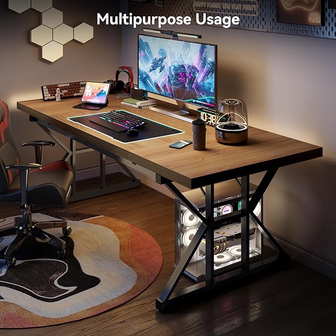 LITTLE TREE 70.8-Inch Large Executive Desk, Modern Computer Office Desk, Wooden Writing Desk Study Table for Home Office, Light Walnut-Black