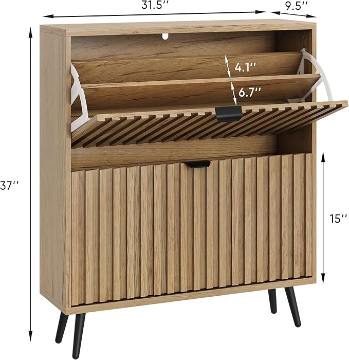 Smuxee Shoe Cabinet with 2 Flip Drawers, 31.5" Natural Hidden Shoe Storage Cabinet with Fluted Design, Freestanding Shoe Organizer Cabinet for Entryway, Hallway, Closet, Living Room