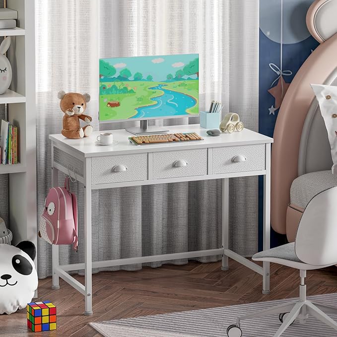 Furologee White Small Computer Desk with 3 Fabric Drawers,40 Inch Simple Table Home Office Writing,Vanity Desk with Hooks, Study Desk for Bedroom Small Spaces