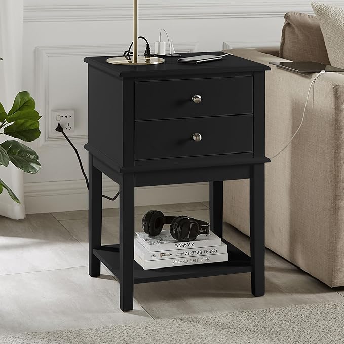 conifferism Black Nightstand, 28" Tall Bedroom Night Stand with Charging Station, Large Sofa Side Table 2 Drawers, Modern Bedside End Table with USB Ports Living Room
