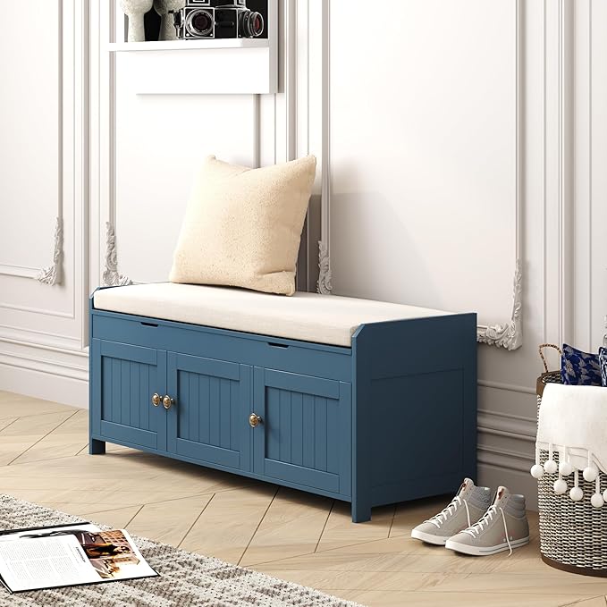 HOMEFORT 41.3" Shoe Bench with Lift Top Storage, Entryway Bench with Cushioned Seat, Wooden End of Bed Bench, Shoe Cabinet Bench with Hidden Storage Space, for Bedroom, Hallway,Blue