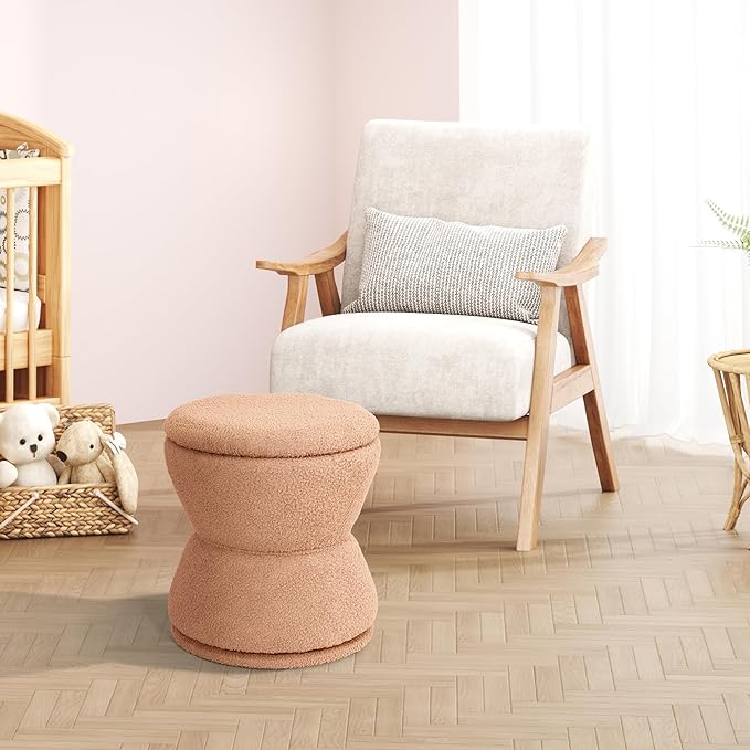 360 ° Swivel Storage Ottoman, Boucle Ottoman Vanity Stool, Upholstered Footstool with Storage Removable Lid, Modern Round Boucle Footrest Coffee Table for Living Room, Dorm, Makeup Room, Coral