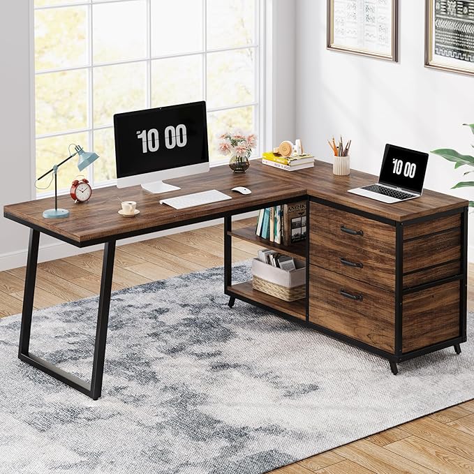 Tribesigns L-Shaped Computer Desk with 3 Drawers, Reversible Corner Home Office Desk with Shelves, 53-Inch Industrial PC Desk Study Writing Table Workstation for Small Space, Rustic Brown
