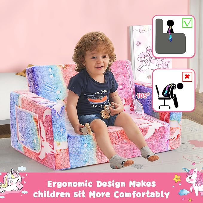Toddler Chair Comfy,2-in-1 Soft Toddler Couch Fold Out for Kids,Convertible Sofa to Lounger,Gift for Girls and Boys Birthday,Elf,Large