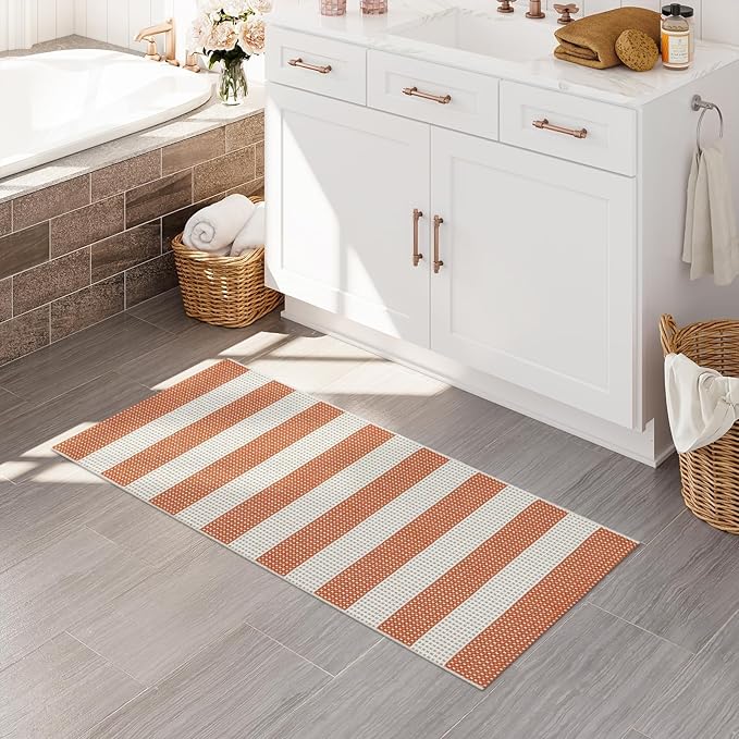 OJIA Fall Front Door Rug 24"x51" Halloween Doormat Striped Rug Cotton Woven Checkered Carpet Washable Front Door Mat Outdoor Small Area Rug for Porch Kitchen Entryway Patio Bathroom (Orange/White/Tan)
