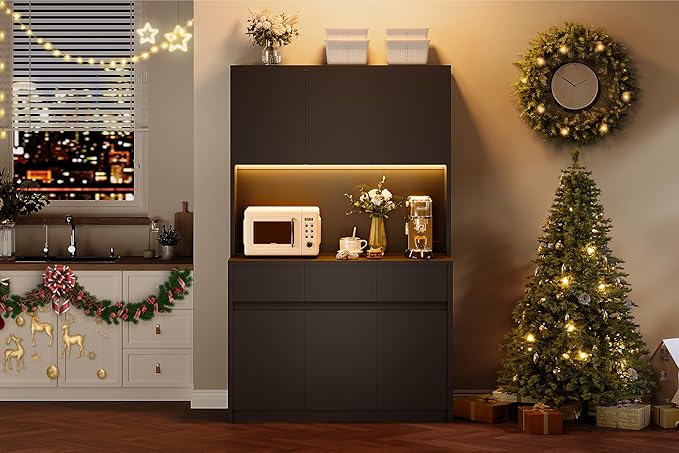 Garvee Kitchen Pantry Storage Cabinet, Tall Storage Cabinet with Doors and Shelves, Kitchen Storage Hutch with Microwave Stand, Led Lights and Charging Station,Corner Pantry Cabinet,Black