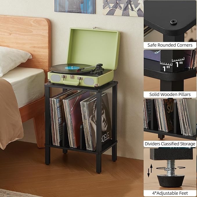 LELELINKY 2-Tier Record Player Stand with Vinyl Record Storage up to 100 Albums, Bedroom Record Holder and Multi-Functional End Table for Living Room, Black