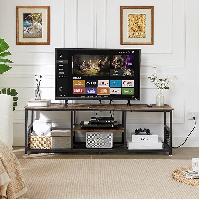 VECELO TV Stand with Power Outlets for Televisions up to 65Inch, 55" Media Entertainment Center with Charging Station 3-Tier Open Storage Shelves with Metal Frame for Living Room/Bedroom,Brown