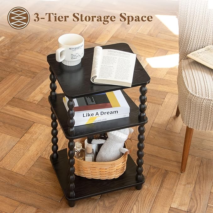 Side Table, Small End Table with Storage Shelf, Vintage Nightstand Bedside Table for Living Room, Bedroom, Office and Small Spaces (Black)