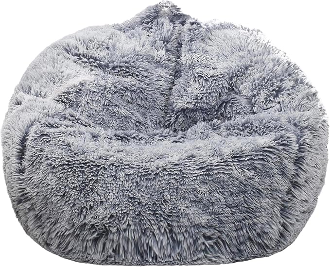 Fluffy Bean Bag Chair for Kids, 2.5FT Round Memory Foam Filled Bean Bag for Teens & Kids, Ultra Soft Faux Fur Fabric Bean Bag Chairs for Playroom, Living Room, Bedroom, Gray