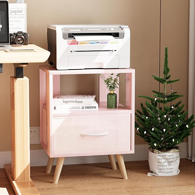 Night Stand, Pink Kids Nightstand with Drawer, Nursery Side Table with Open Storage, 2-Tier Modern End Table, Bedside Table for Small Space, Living Room, Bedroom