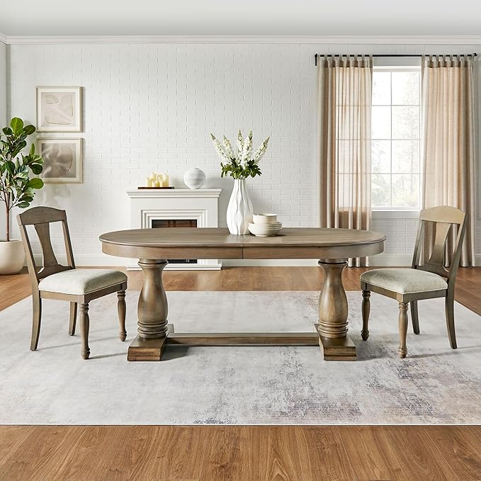 KEIKI Retro 7-Piece Wooden Dining Table Set for 6 Person, Vintage Table Set with Extendable Curved MDF Wood Grain Table and 6 Upholstered Chairs, Easy Assembly, for Kitchen, Dining Room, Whtie Oak
