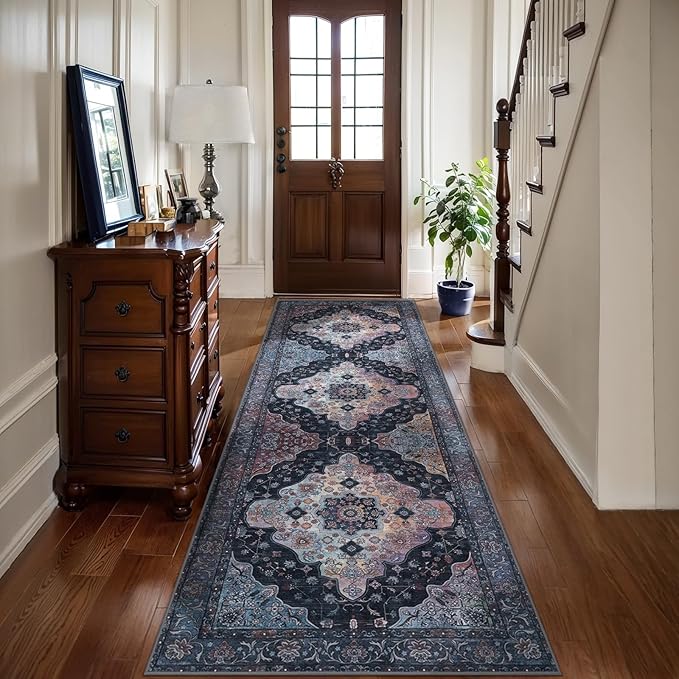 Tangsoo 2x10 Washable Runner Rug for Hallways, Non Slip Vintage Runner Soft Low Pile Long Rug Runner, Print Distressed Navy/Mlulti Carpet Runners for Kitchen Bedroom Entryway Bathroom Living Room